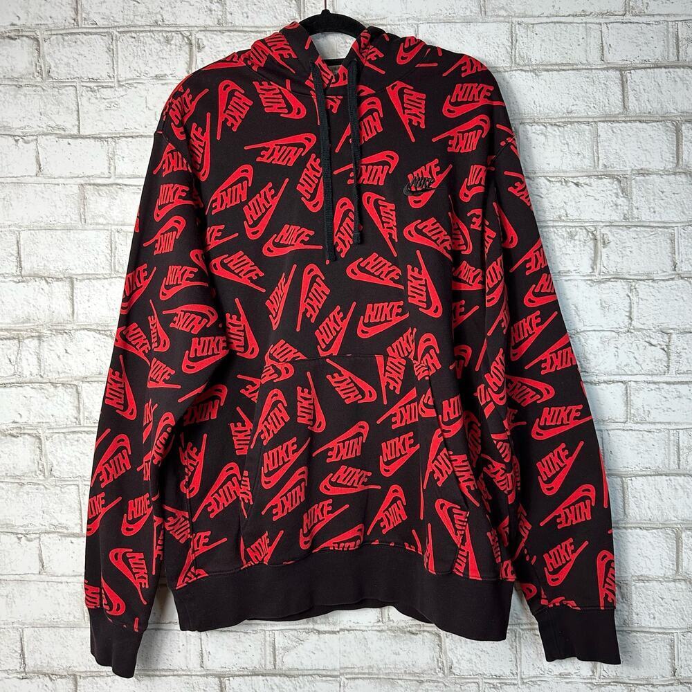 Nike Hoodie Essentials All Over Logo Sweatshirt Cotton Blend Black Red M - Picture 2 of 9